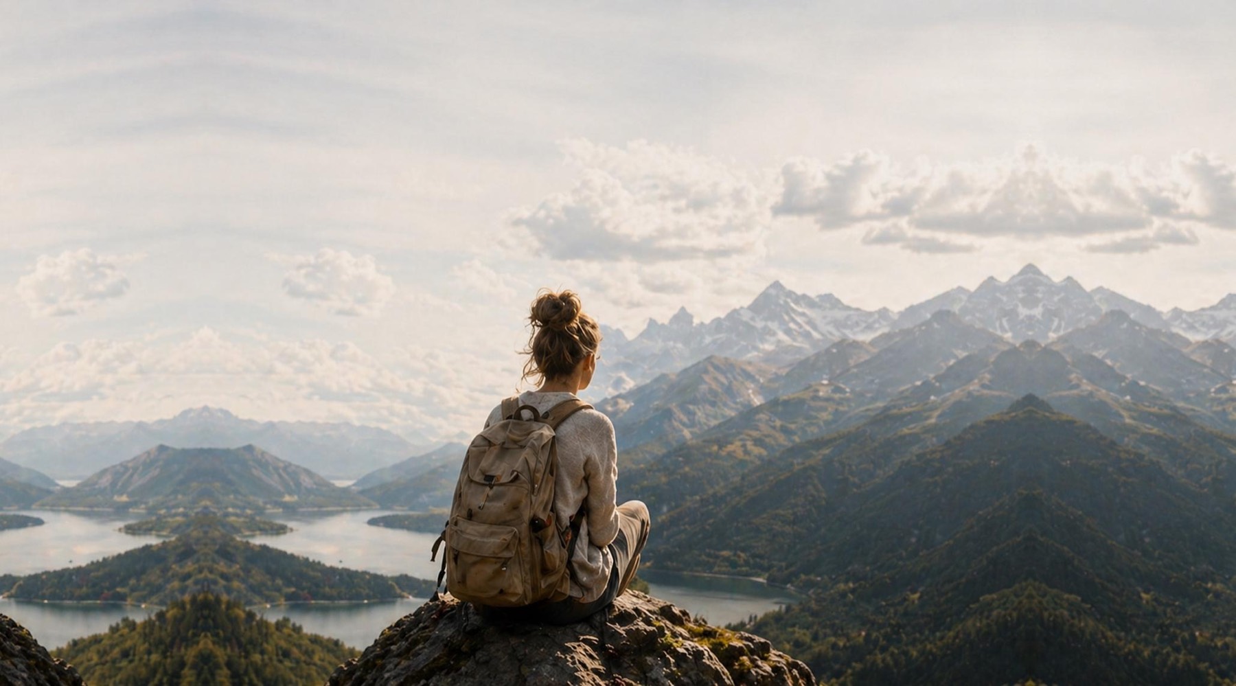 Reisende mit Rucksack blickt über Berge und Seen